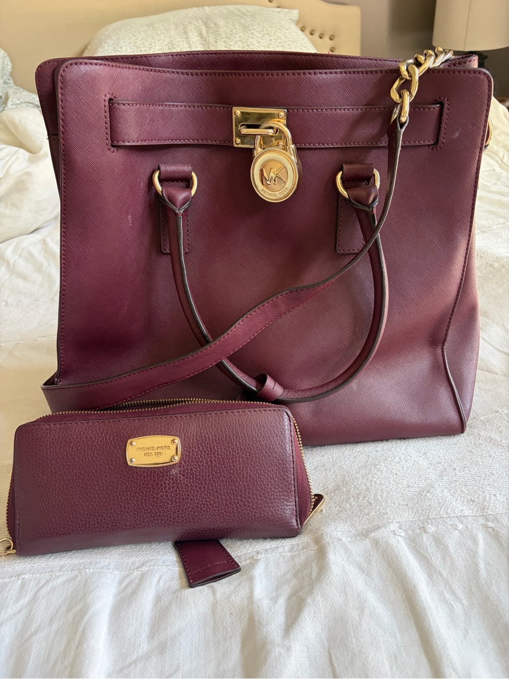 Michael Kors Wine Saffiano Leather Tote with Matching Wallet